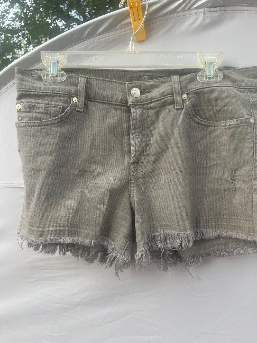 7 For All Mankind Olive-Gray Frayed Hem Denim Cutoff Shorts